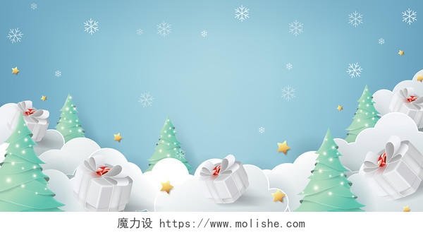 蓝色小清新圣诞节雪景节日展板背景
